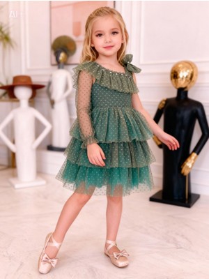 Lunas Tekstil Tek Kollu Kelebekli  Puantiyeli Elbise- Mezuniyet-Dogum Günü ve Kutlama Elbise