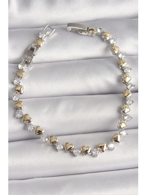 Shoplet Buğz Pirinç Gümüş Renk Zirkon Taşlı Gold Kalpli Vıp Seri Kadın Bileklik