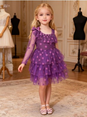 Lunas Tekstil Tek Kollu Kelebekli  Puantiyeli Elbise- Mezuniyet-Dogum Günü ve Kutlama Elbise