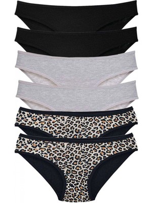 Marsilyan 6 Adet Likralı Kadın Slip Külot Leopar Siyah Gri
