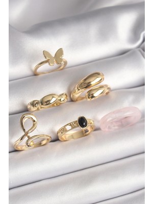 Shoplet Buğz Pirinç Gold Renk Kelebek Figür Sarmal Model 6'lı Kadın Yüzük Seti