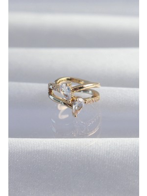 Shoplet Buğz Pirinç Gold Renk Zirkon Taşlı Damla Earcuff Küpe