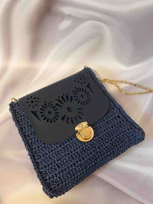 Creatif La Femme Lacivert Kağıt Ipten Deri Kapaklı Omuz Çantası