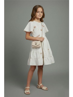 Pina Kids Kız Çocuk Çiçek Işlemeli Çantalı Kısa Kollu Elbise