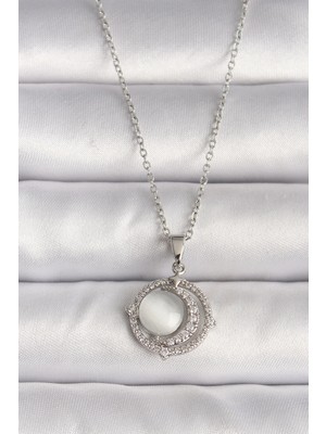 Shoplet Buğz 316L Çelik Gümüş Renk Zirkon Taşlı Beyaz Sedefli Hilal Model Kadın Kolye