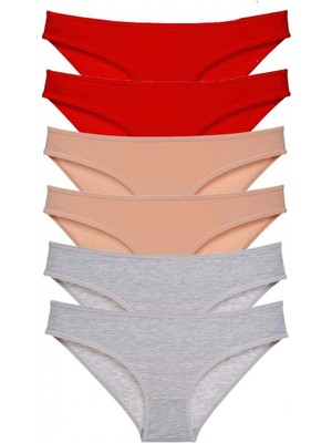 Marsilyan 6 Adet Eko Set Likralı Kadın Slip Külot Kırmızı Ten Gri