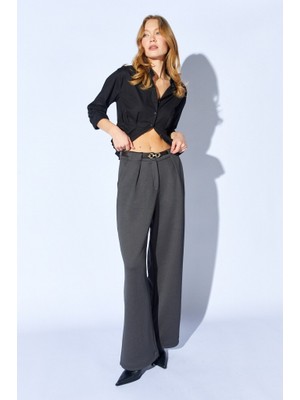 CGA Kadın Antrasit Palazzo Pantolon Içten Kemerli Pileli Yün Efekt Antrasit Palazzo Pantolon