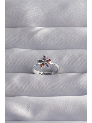 Shoplet Buğz Pirinç Gümüş Renk Renkli Zirkon Taşlı Ayarlamalı Yüzük