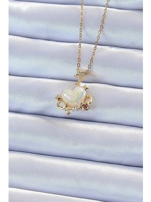 Shoplet Buğz 316L Çelik Zincir Altın Renk Zirkon Taşlı Gezegen Görünümlü Kalp Kolye