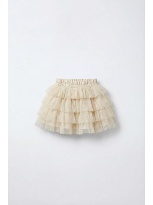 Magu Kız Çocuk Pamuklu Astarlı Ekru Simli Katmanlı Tül Etek