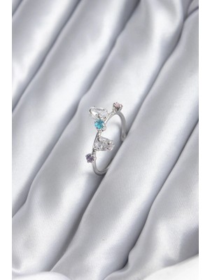 Shoplet Buğz Gümüş Renk Renkli Zirkon Taşlı Kadın Yüzük