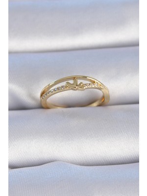 Shoplet Buğz Pirinç Gold Renk Zirkon Taşlı Kalp Model Kadın Yüzük