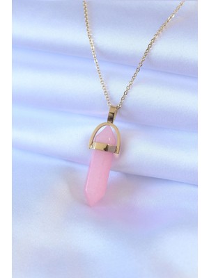 Shoplet Buğz 316L Çelik Gold Renk Kristal Pembe Taş Model Kadın Kolye