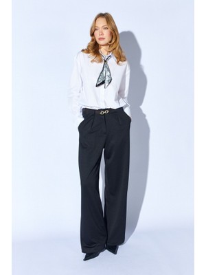 CGA Kadın Siyah Palazzo Pantolon Siyah Içten Kemerli Pileli Yün Efekt Palazzo Pantolon