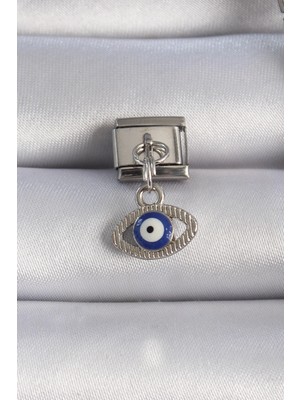 Shoplet Buğz 316L Çelik Gümüş Renk Sallantılı Göz Figür Nazar Boncuk Detay Nomination Charm