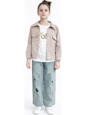 İrem Çocuk Giyim Kız Çocuk Önü Sırtı Taşlı Yazılı Pantolonu Yıldız Detaylı Sweat Pantolon Yağmurluklu Üçlü Takım