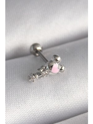 Shoplet Buğz 316L Çelik Gümüş Renk Zirkon Taş Detay Pembe Kalp Işleme Tragus Piercing