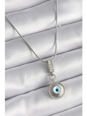 Shoplet Buğz 316L Çelik Gümüş Renk Zirkon Taşlı Nazar Boncuk Model Kadın Kolye