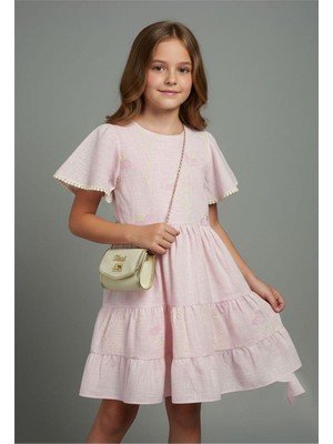 Pina Kids Kız Çocuk Çiçek Işlemeli Çantalı Kısa Kollu Elbise