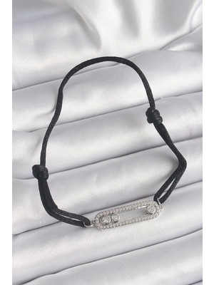 Shoplet Buğz Siyah Renk Ipli Asansör Zirkon Taşlı Gümüş Messika Model Kadın Bileklik