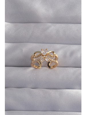 Shoplet Buğz Pirinç Ayarlamalı Gold Renk Zirkon Taşlı 2li Görünüm Fiyonk Yüzük