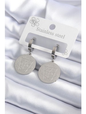 Shoplet Buğz 316L Çelik Gümüş Renk Pentagram Işleme Model Kadın Küpe