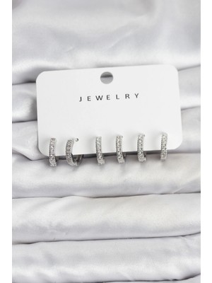 LTG Nova Gümüş Renk Pirinç Zirkon Taşlı Halka Kadın Küpe Seti