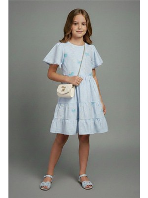 Pina Kids Kız Çocuk Çiçek Işlemeli Çantalı Kısa Kollu Elbise