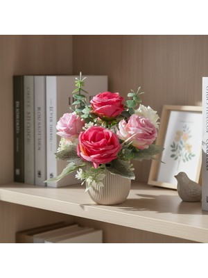 Neşeli Çiçekler Küçük Yapay Çiçek Gül Aranjmanı 20CM Özel Tasarım Dekoratif Masa Süsü Ev Hediyesi Plastik Saksıda