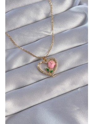 Shoplet Buğz 316L Çelik Zincirli Gold Renk Zirkon Taşlı Kalp Içinde Pembe Gül Tasarımlı Kolye