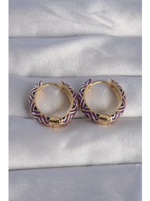 Shoplet Buğz Pirinç Gold Renk Mor Etnik Desenli Halka Küpe