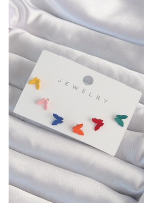Shoplet Buğz Pirinç Rengarenk Mineli Minimal Kelebek Küpe Seti