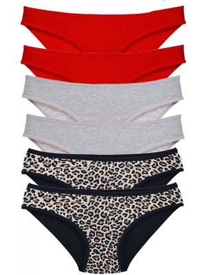 Marsilyan 6 Adet Likralı Kadın Slip Külot Leopar Kırmızı Gri