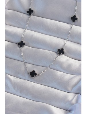 Shoplet Buğz 316L Çelik Gümüş Renk Minimal Siyah Mineli Yonca Kolye