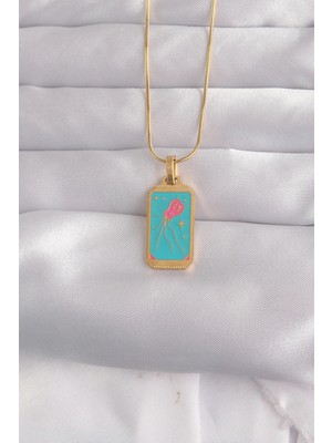 Shoplet Buğz 316L Çelik Gold Renk Mavi Mineli Tarot Kolye