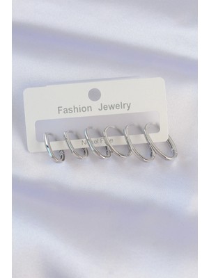 Shoplet Buğz Pirinç Gümüş Renk Ince Oval Küpe Seti