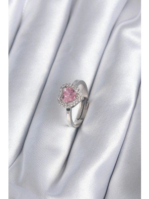 Shoplet Buğz Pirinç Gümüş Renk Pembe Zirkon Taşlı Charm Model Kadın Yüzük