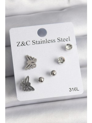 Shoplet Buğz 316L Çelik Gümüş Renk Zirkon Taşlı Kelebek Model Kadın Küpe Seti