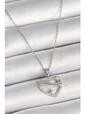 Shoplet Buğz 316L Çelik Gümüş Renk Zincir Zirkon Taşlı Kalp Model Yıldız Detay Kadın Kolye