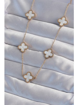 Shoplet Buğz 316L Çelik Gold Renk Beyaz Sedefli Yonca Kolye