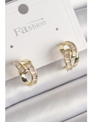 Shoplet Buğz Pirinç Gold Renk Zirkon Taşlı Zincir Model Kadın Küpe