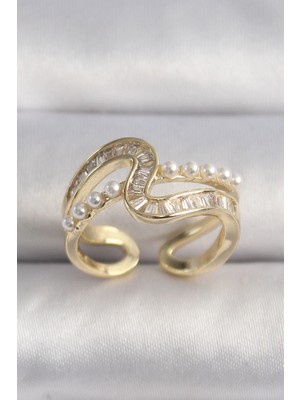 Shoplet Buğz Pirinç Gold Renk Zirkon Taşlı Inci Detay Vıp Seri Kadın Yüzük
