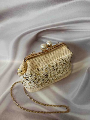 Creatif La Femme Krem Rengi Pullu Ipten Inci Burslu Zincirli Çanta