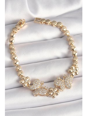 Shoplet Buğz Pirinç Gold Renk Zirkon Taşlı Kelebek Figür Çiçek Zincir Model Kadın Bileklik
