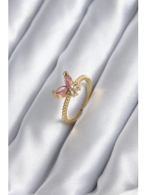Shoplet Buğz Gold Renk Pembe Zirkon Taşlı Kelebek Model Kadın Yüzük