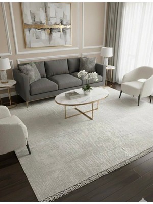 Deffino Home Krem Açık Gri Saten Bambu Ince Sık Dokuma Parlak Yüzey Kaymaz Özel Kesme Salon Koridor Halı Yolluk