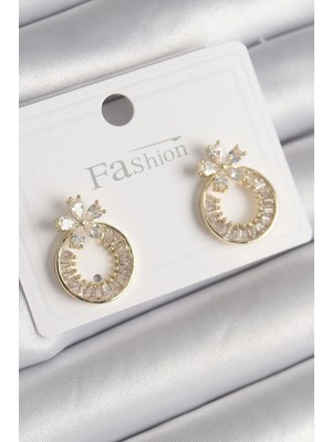Shoplet Buğz Pirinç Gold Renk Zirkon Taşlı Halka Model Çiçek Figür Kadın Küpe