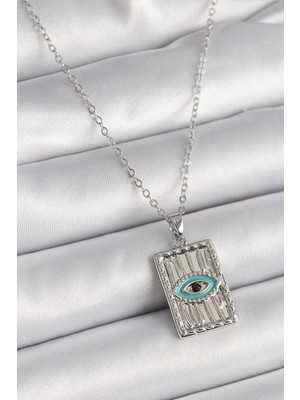 Shoplet Buğz 316L Çelik Gümüş Renk Zirkon Taşlı Göz Işleme Detaylı Plaka Model Kadın Kolye