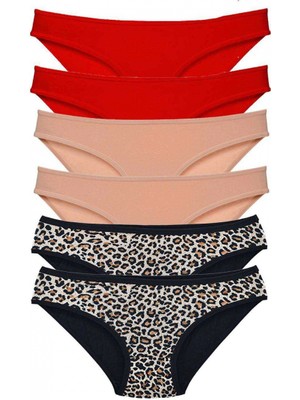 Marsilyan 6 Adet Likralı Kadın Slip Külot Leopar Kırmızı Ten
