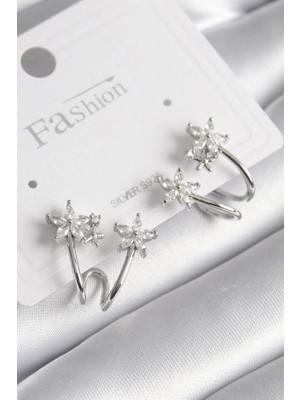 Shoplet Buğz Pirinç Gümüş Renk Zirkon Taşlı Çiçek Model Kadın Küpe